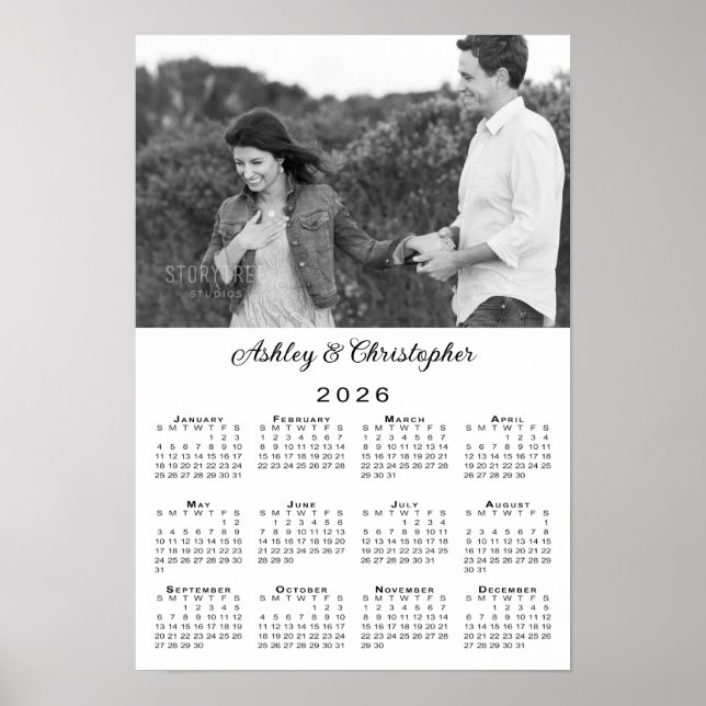 Elegant Couple Photo and Names 2026 Calendar Poster (Front)