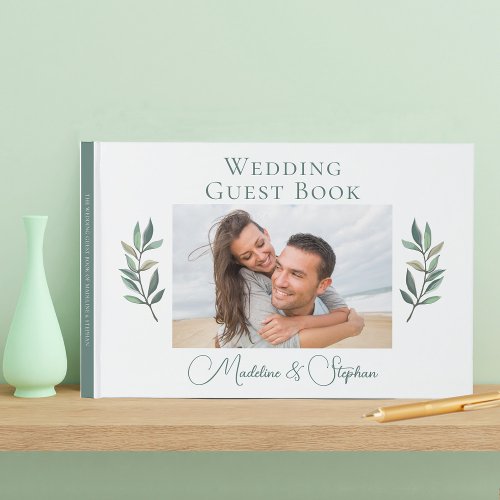 Elegant Couple Photo Green Botanical Wedding Guest Book