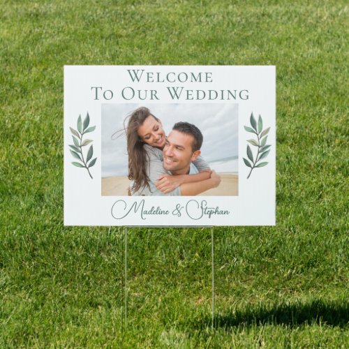 Elegant Couple Photo Green Botanical Wedding Yard Sign