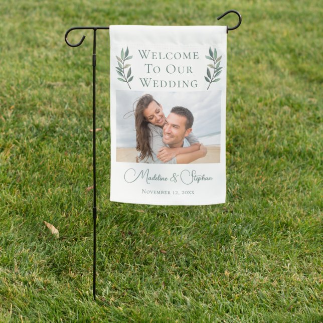 Elegant Couple Photo Green Leaf Botanical Wedding Garden Flag (In SItu)
