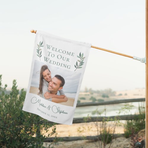 Elegant Couple Photo Green Leaf Botanical Wedding House Flag