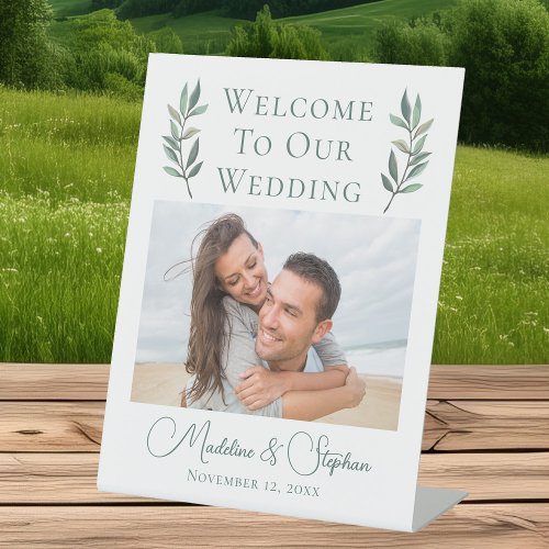 Elegant Couple Photo Green Leaf Botanical Wedding Pedestal Sign