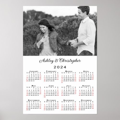 Elegant Couple Photo Names 2024 Calendar Poster