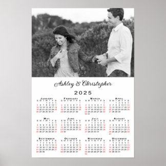 Elegant Couple Photo Names 2025 Calendar Poster
