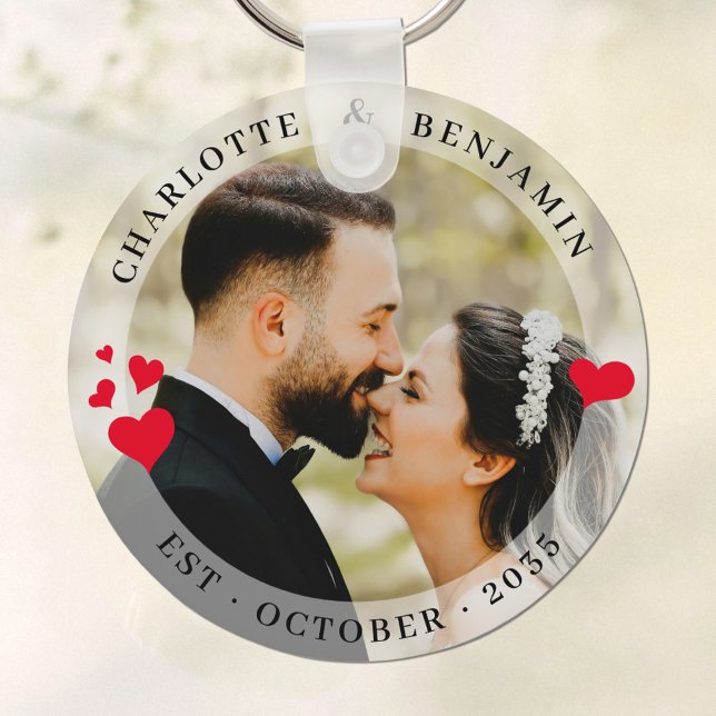 Elegant Couple Photo Red Hearts Wedding Favor Keychain (Creator Uploaded)