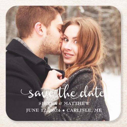 Elegant Couple Photo Wedding Save The Date Square Paper Coaster