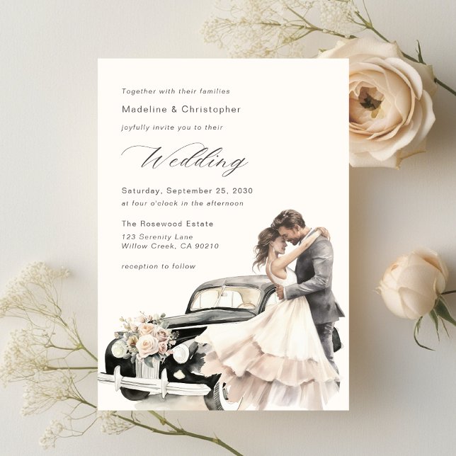 Elegant Couple Vintage Wedding Car Invitation (Creator Uploaded)
