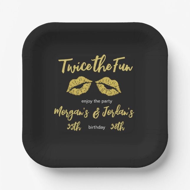 Elegant Couples Black Gold Kisses Joint Birthday Paper Plates (Front)
