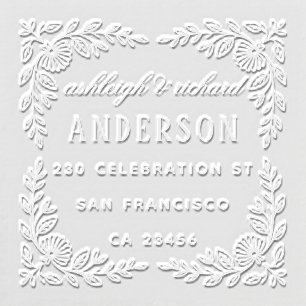 Elegant Couple's Name Floral Border Custom Address Embosser