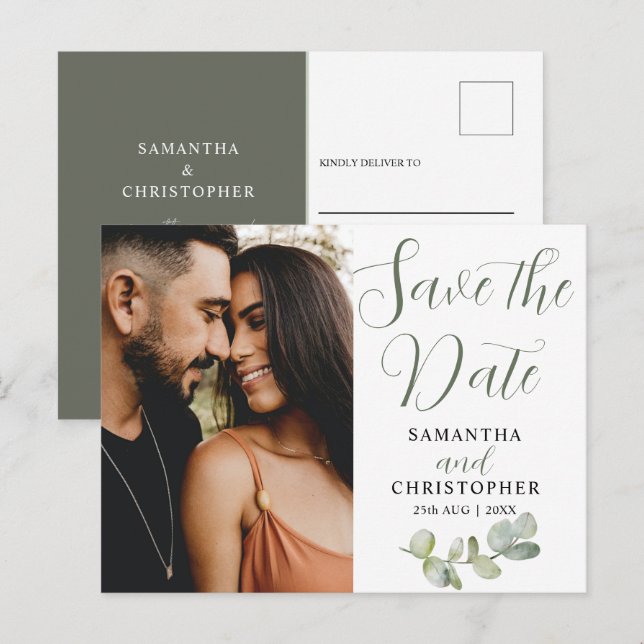 Elegant Couples Photo Eucalyputs Save the Date Announcement Postcard (Front/Back)