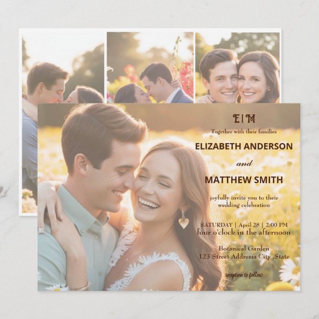 Elegant couples portrait rustic 4 photo wedding invitation (Front/Back)