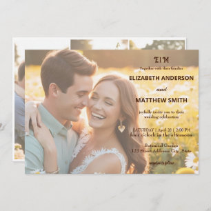 Elegant couples portrait rustic 4 photo wedding invitation