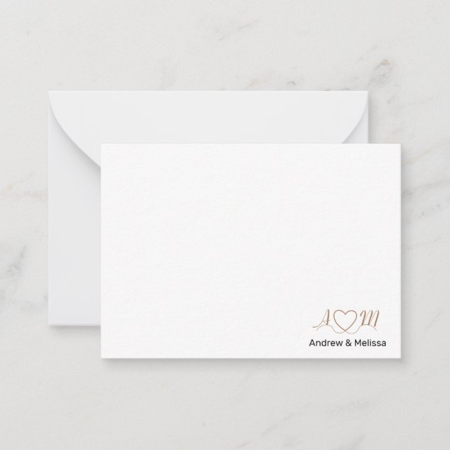 Elegant Couples Script Monogram Heart Gold Black Note Card (Front)