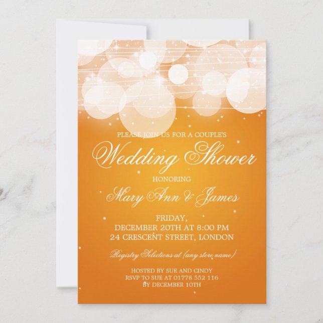 Elegant Couples Shower Glow & Sparkle Orange Invitation (Front)