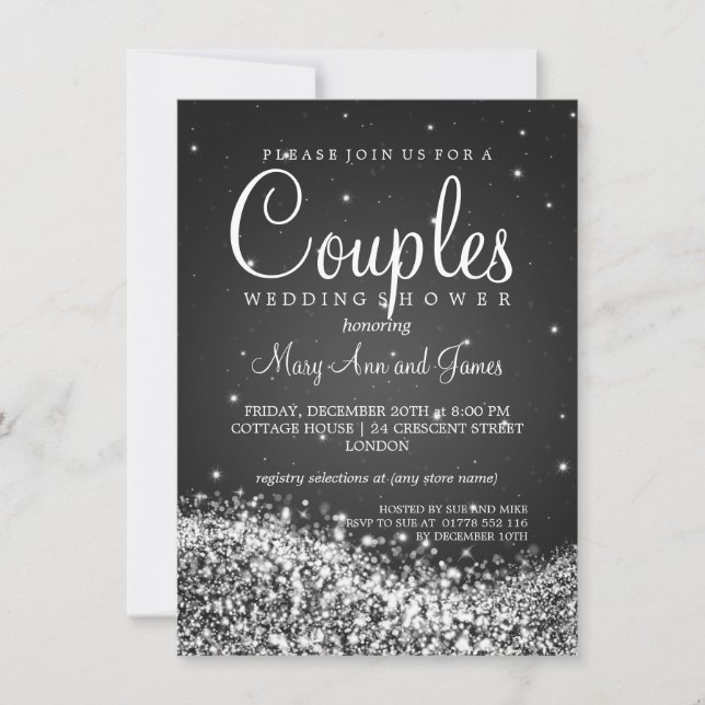 Elegant Couples Shower Sparkling Wave Black Invitation (Front)