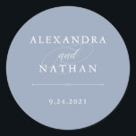Elegant Couture | Dusty Blue Wedding Classic Round Sticker<br><div class="desc">These elegant,  stylish wedding stickers feature chic white text on a dusty blue background,  with classic white calligraphy.</div>