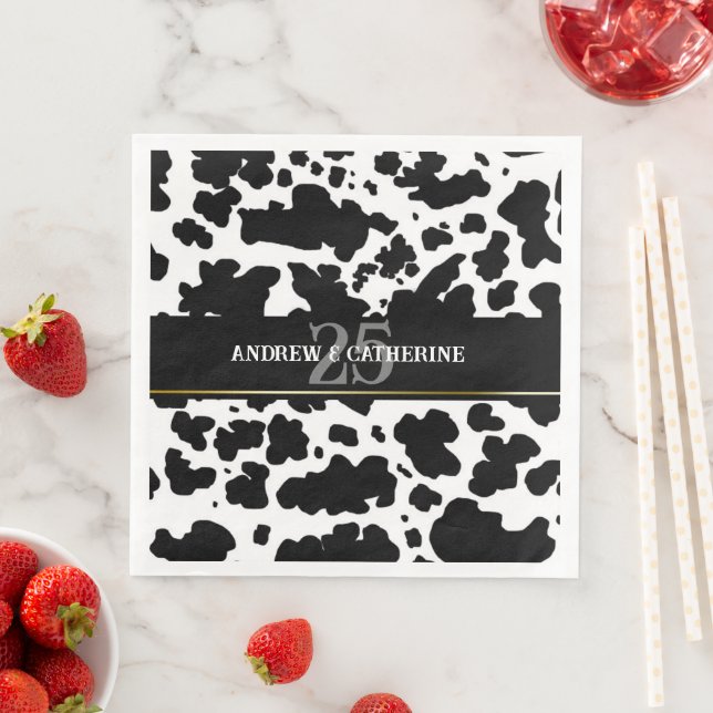 Elegant Cow Spots Print Farmer Wedding Anniversary Paper Dinner Napkins (Insitu)