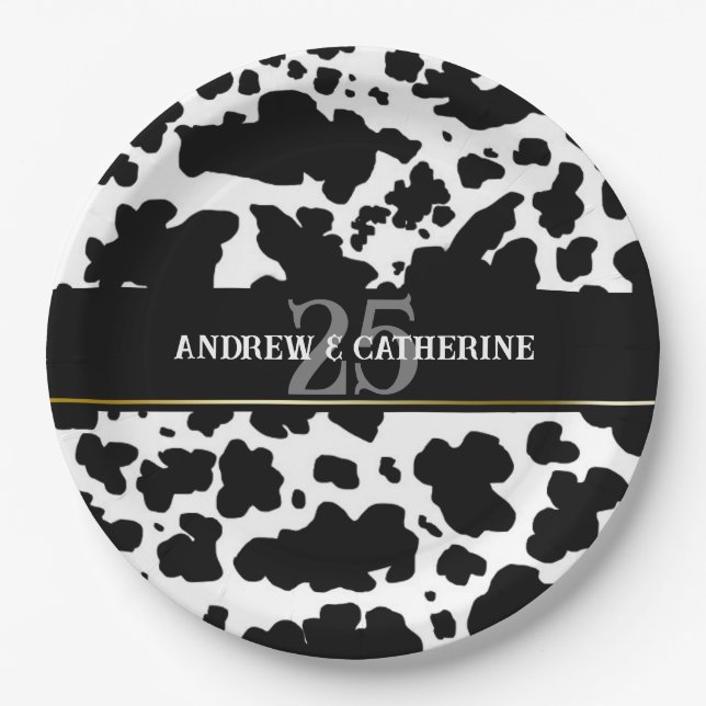 Elegant Cow Spots Print Farmer Wedding Anniversary Paper Plates (Front)