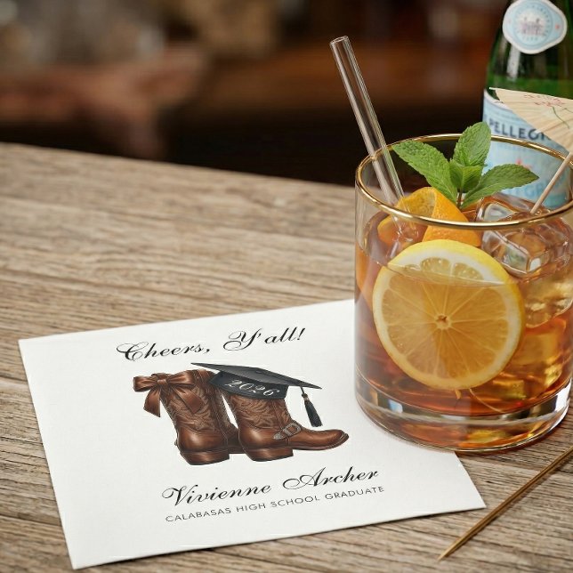 Elegant Cowgirl Bow Boots Graduation Napkins (Country Chic Graduation Cocktail Napkin)