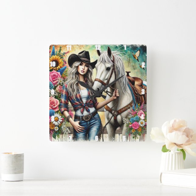 Elegant Cowgirl Posing With Beautiful White Horse Square Wall Clock (Home)