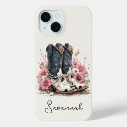 Elegant Cowhide Boots with Flowers Monogrammed iPhone 15 Case