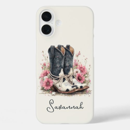 Elegant Cowhide Boots with Flowers Monogrammed iPhone 16 Plus Case
