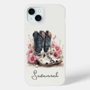 Elegant Cowhide Boots with Flowers Monogrammed iPhone 15 Plus Case