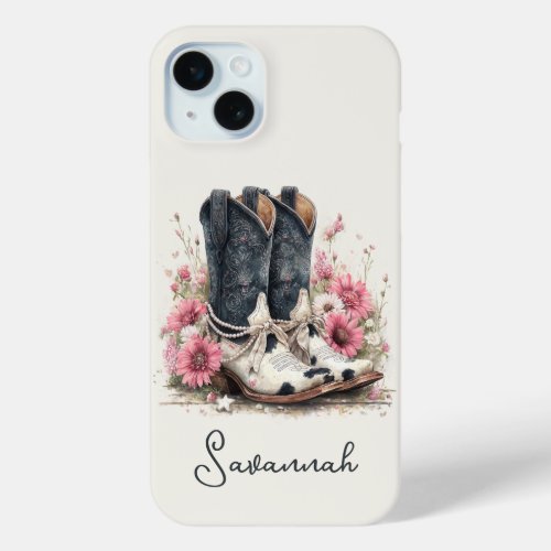 Elegant Cowhide Boots with Flowers Monogrammed iPhone 15 Plus Case