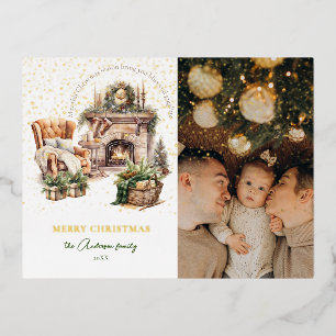 Elegant Cozy photo Gold Foil Holiday Postcard