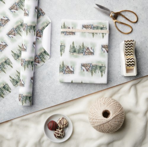 Elegant cozy watercolor winter forest wrapping paper