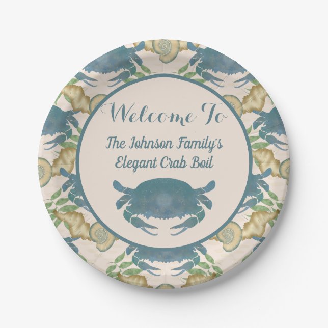 Elegant Crab Feast-Watercolor Blue Crabs, Seashell Paper Plates (Front)