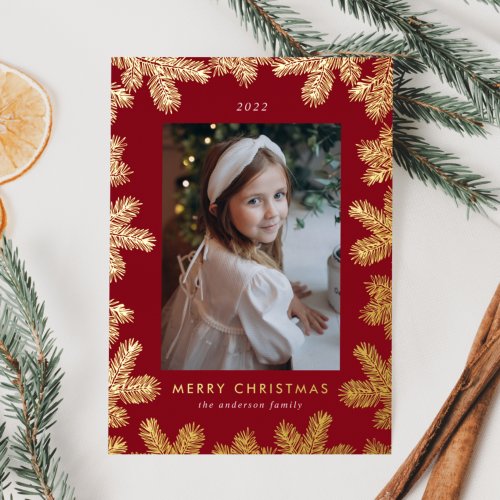 Elegant Cranberry and Gold Pine Frame Photo Foil Holiday Card