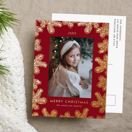 Elegant Cranberry and Gold Pine Frame Photo Foil Holiday Postcard