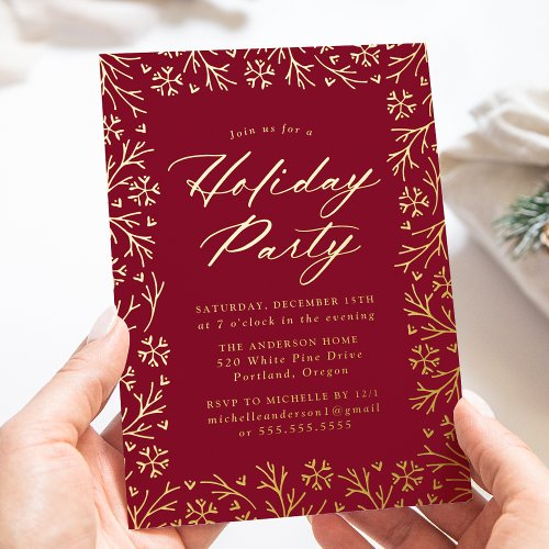 Elegant Cranberry and Gold Snowflake Holiday Party Foil Invitation