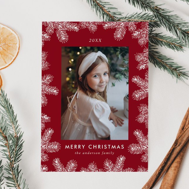 Elegant Cranberry and White Pine Frame Photo Holiday Card (Creator Uploaded)