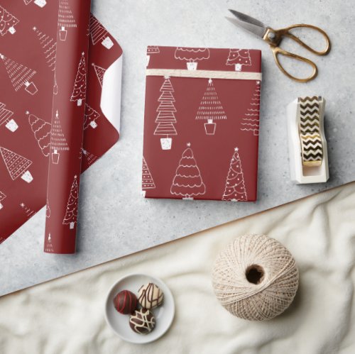 Elegant Cranberry Red Christmas Pine Tree Pattern Wrapping Paper
