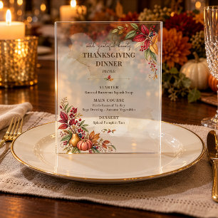 Elegant Cranberry Thanksgiving Dinner Menu Acrylic Enclosure Card