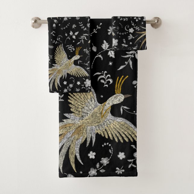 Elegant Crane Birds Seamless Pattern Black Bath Towel Set (Insitu)