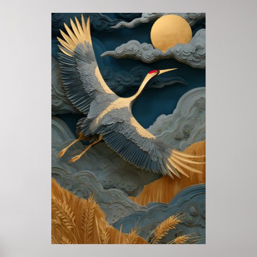 Elegant Crane Flying Under Golden Moon East Asian  Poster