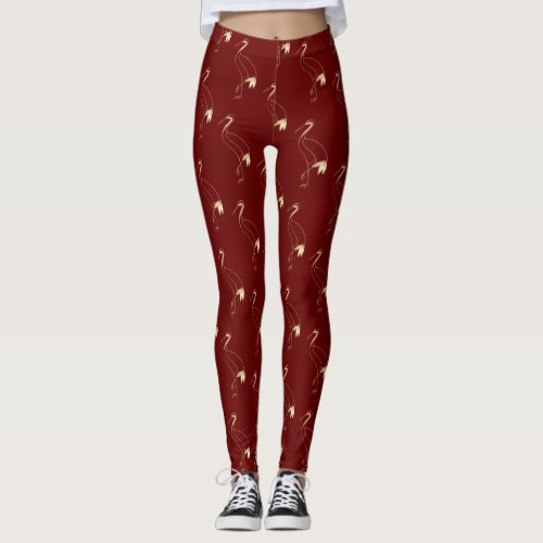 Elegant Crane Maroon Gold Japanese Line Art  Leggings