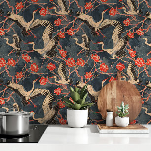 Elegant Cranes and Red Blossoms Wallpaper