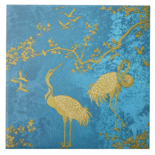 Elegant Cranes Art Pattern Colorful Crane Birds Ceramic Tile