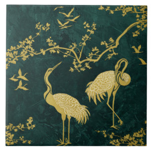 Elegant Cranes Art Pattern Colorful Crane Birds Ceramic Tile