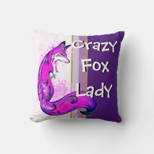Elegant Crazy Fox Lady Stylized Purple Fox Throw Pillow