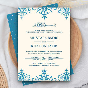 Elegant Cream and Blue Damask Islamic Wedding Invitation