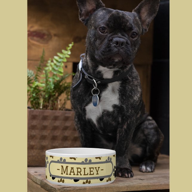 Elegant Cream and Brown Personalized Dog Paw Print Bowl (Elegant Dog pet paws cream customized pet bowl)