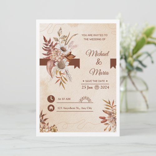 Elegant cream and brown watercolor wedding invitat invitation