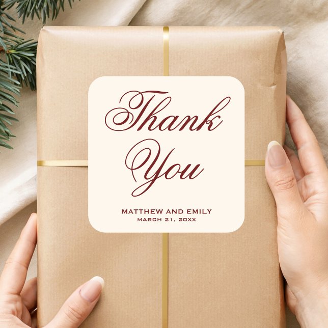 Elegant Cream and Burgundy Thank You Wedding Favor Square Sticker (Creator Uploaded)