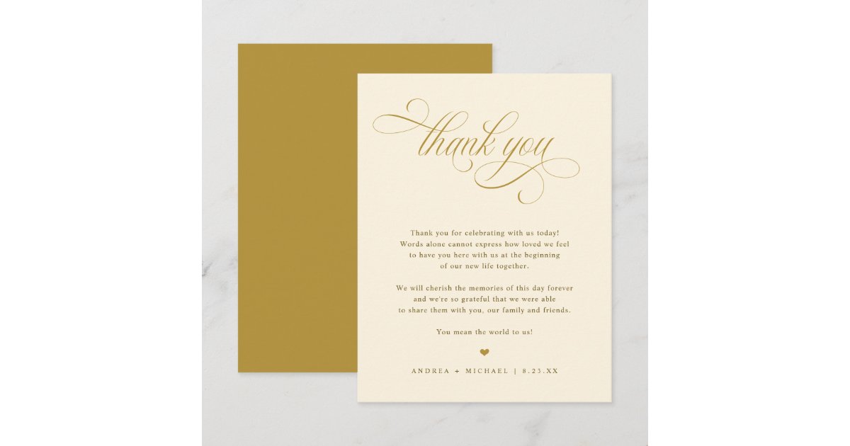 Elegant Cream and Gold Calligraphy Wedding Thank You Card | Zazzle