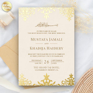 Elegant Cream and Gold Damask Islamic Wedding Foil Invitation